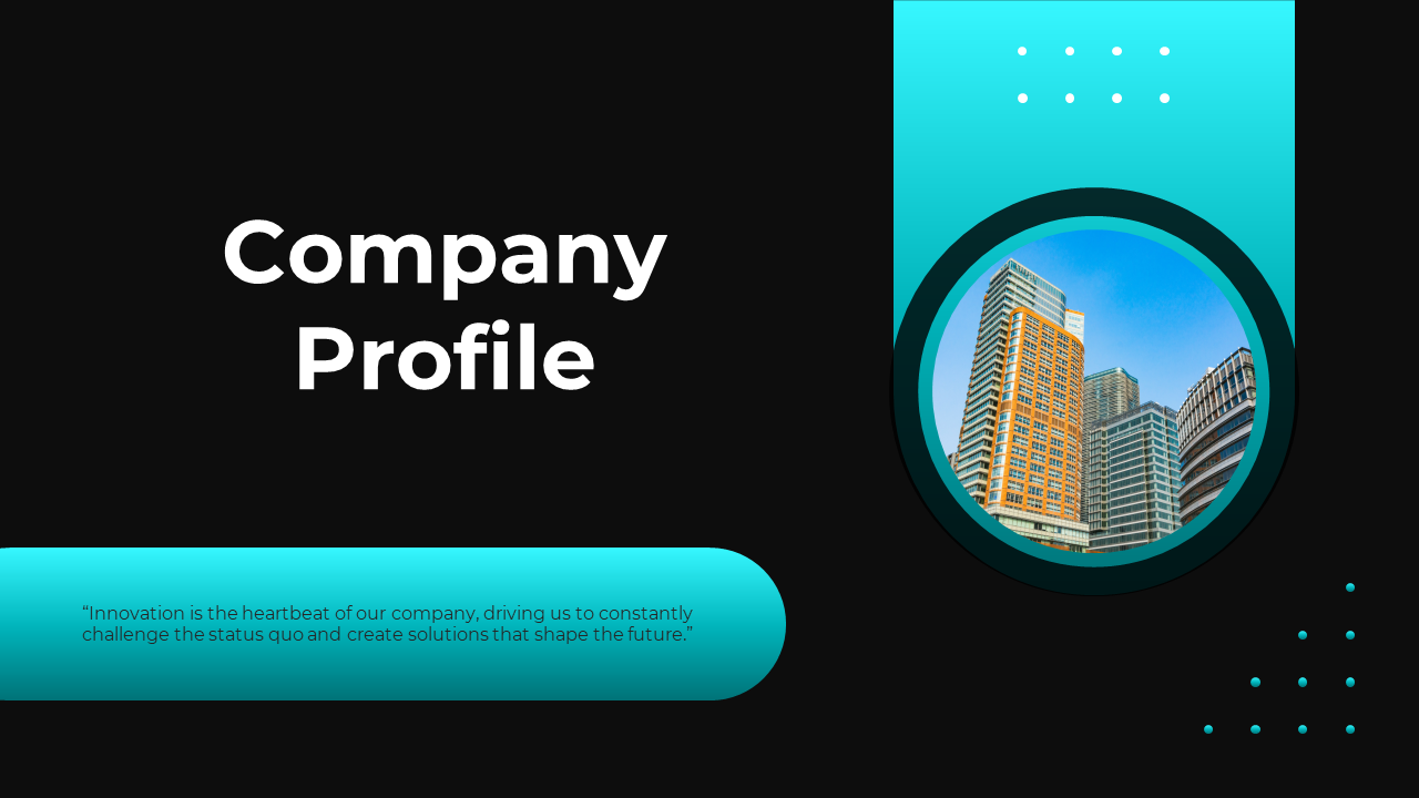 Creative PowerPoint layout with slides covering company overview, mission, and leadership.