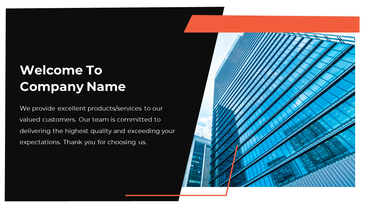 Welcome slide with a modern city building backdrop, showcasing a message on a dark backdrop with text description.
