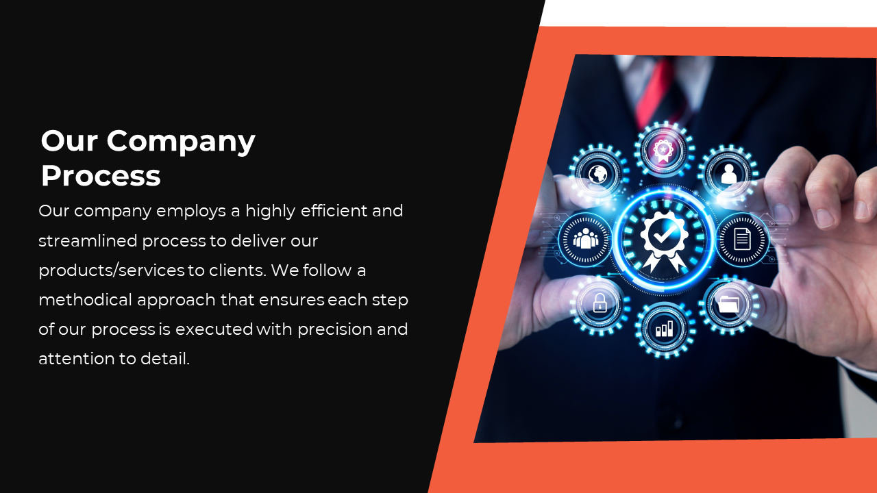 A business professional holding a digital interface with interconnected icons on a black and orange theme.