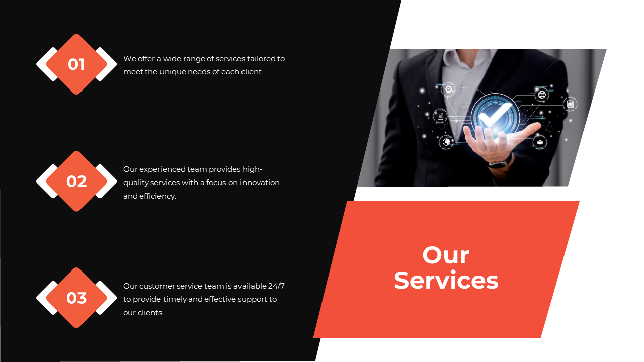 Business professional holding a glowing digital interface representing high quality services and innovation on a black theme.