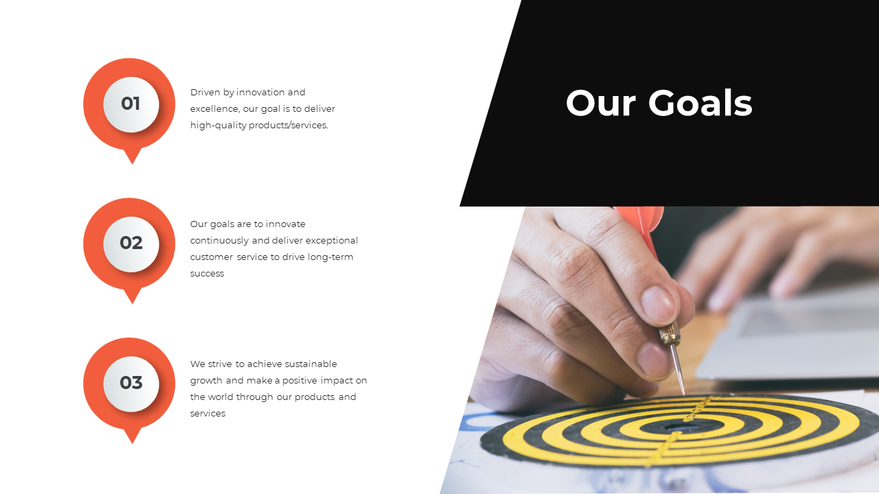 A hand aiming at a target, reflecting a company's goal of precision and success in business on a white and black backdrop.