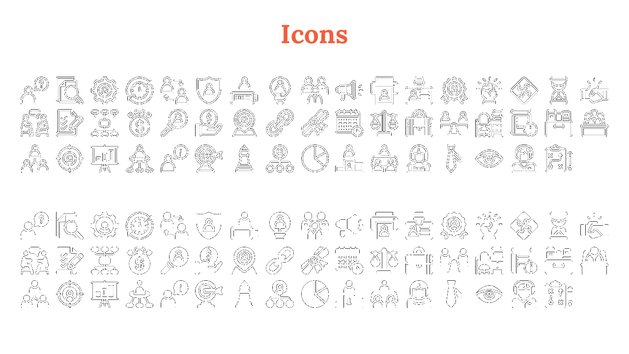 A collection of business and technology related icons, including people, gear, and data symbols on a white backdrop.