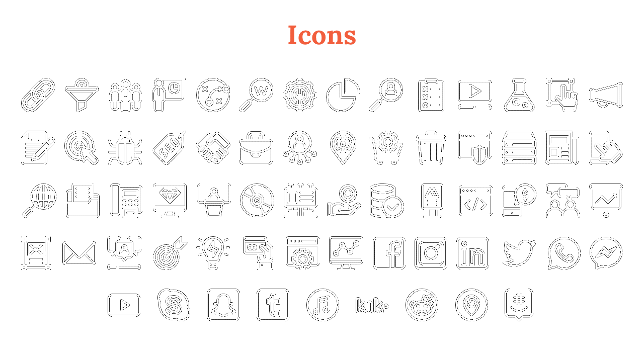 A collection of various technology and business related icons, including social media, search, and security symbols.