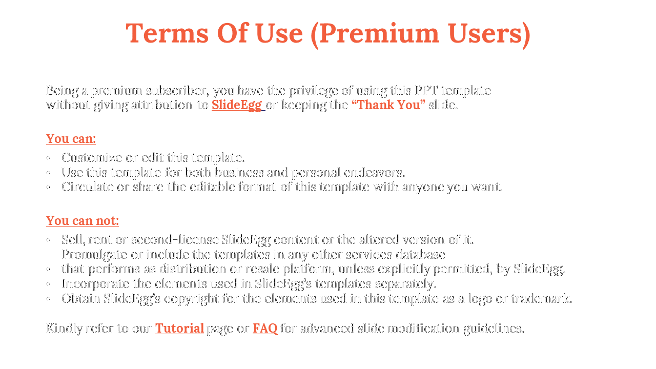 Terms of Use for premium users of SlideEgg, detailing the rights and restrictions for using and distributing templates.