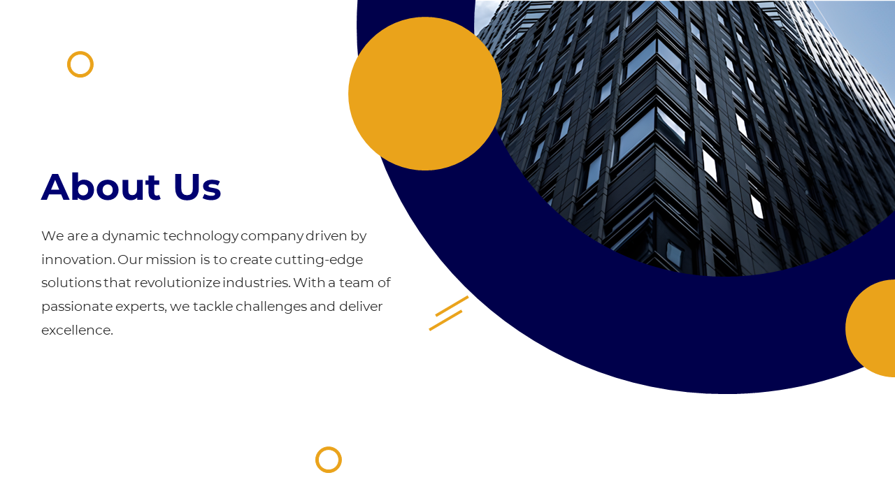Company profile slide with a modern building background, featuring the title about us and a description on a white theme.