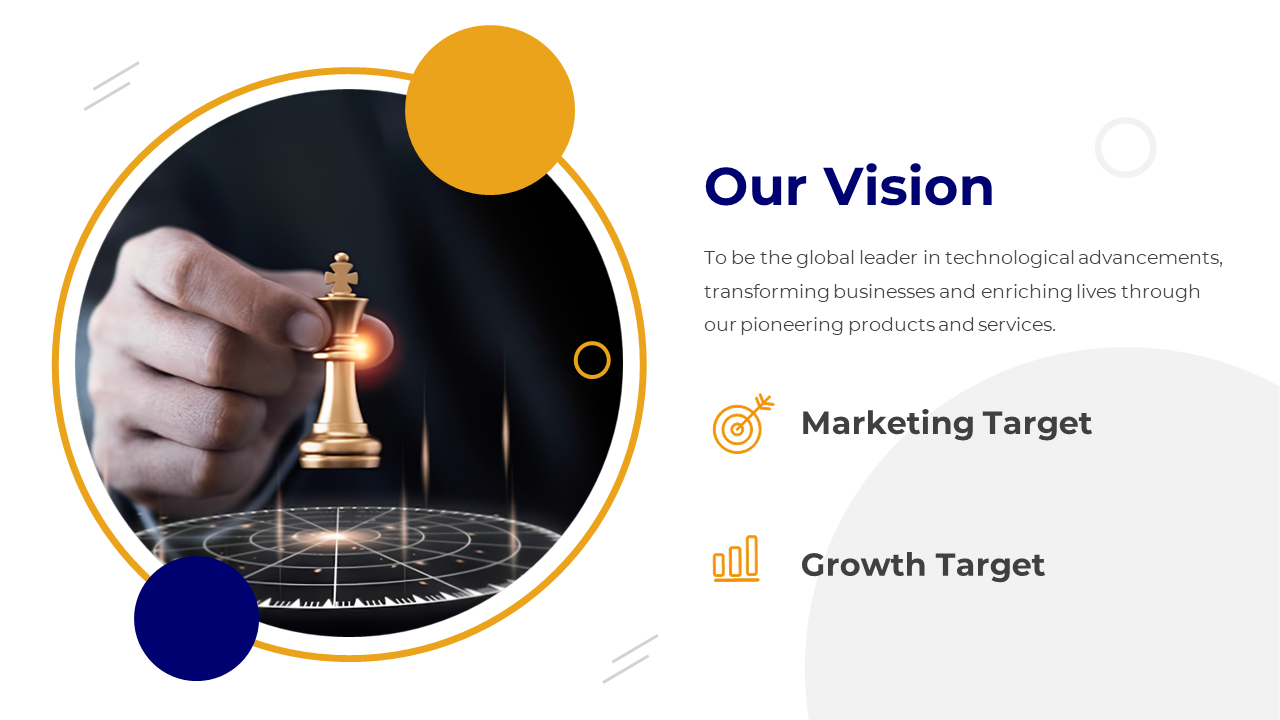 Vision slide showing a person moving a golden chess piece with a backdrop of technological advancement on a white backdrop.