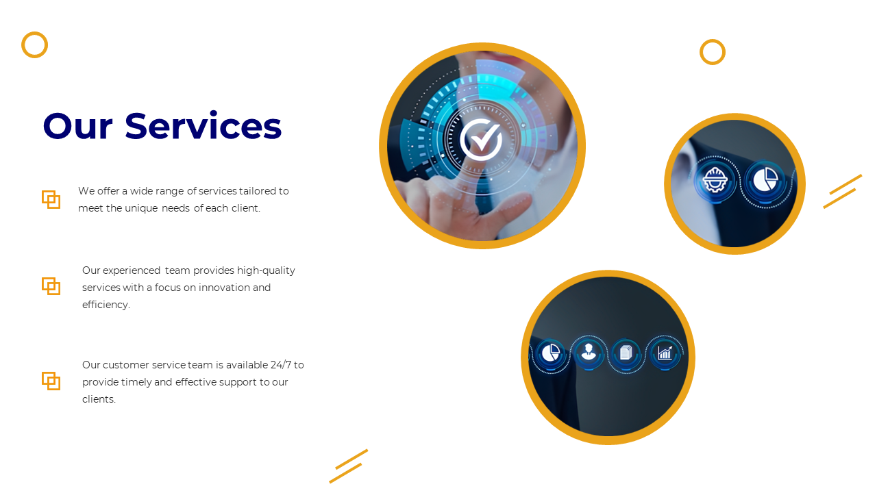 Our services slide features high tech hand interacting with digital icons and text descriptions on a white backdrop.