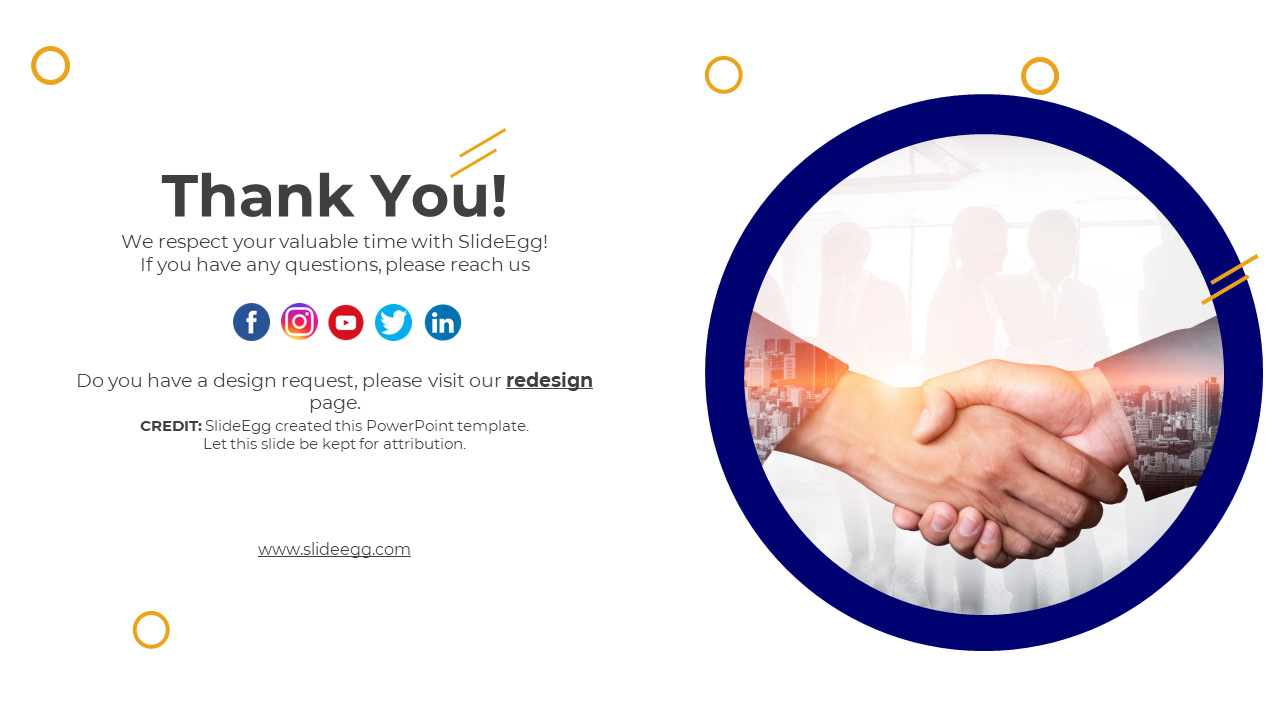 Thank You slide from SlideEgg, with social media icons and a handshake between business partners on a white backdrop.