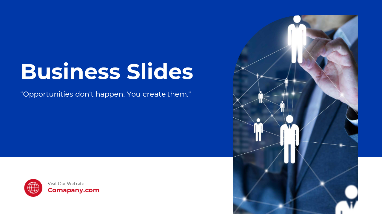 Blue slide with a motivational quote and an image of a business professional interacting with a network of icons.