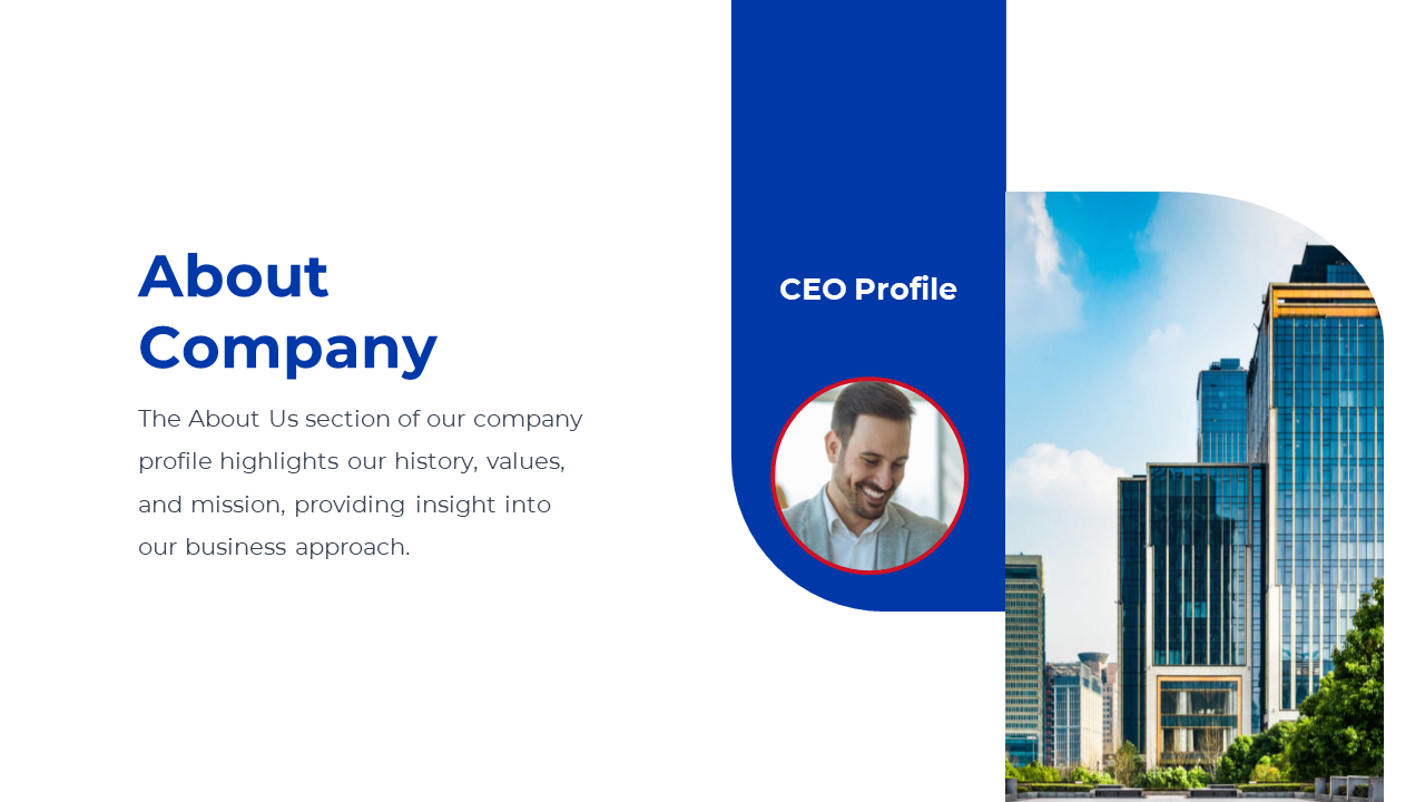 Business slide introducing the about company section, featuring a CEO profile and a cityscape background on a white theme.