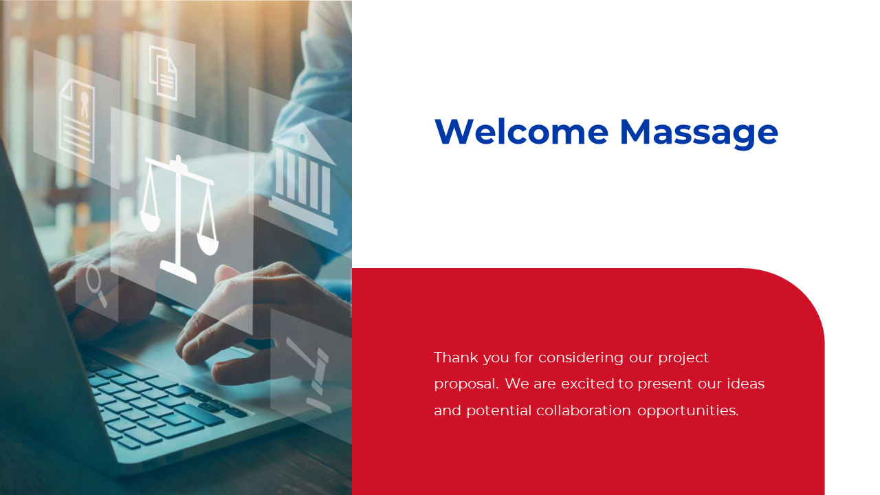 Welcome message slide features person working on a laptop with legal icons displayed on the screen in a red and white theme.
