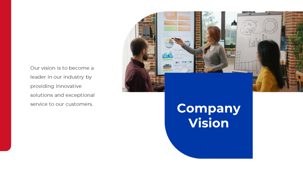 Team collaborated around a projector screen, showcasing the company vision on a white and blue backdrop with a red border.