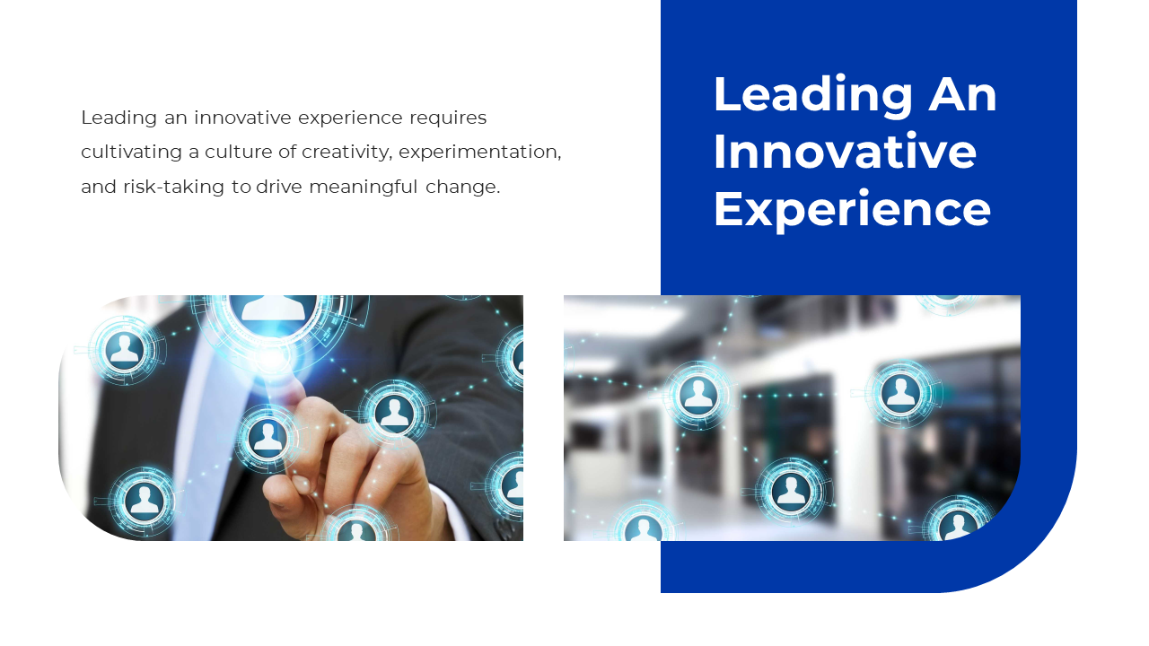 Professional guiding innovation, with digital connections illustrating a culture of creativity on a white and blue backdrop.