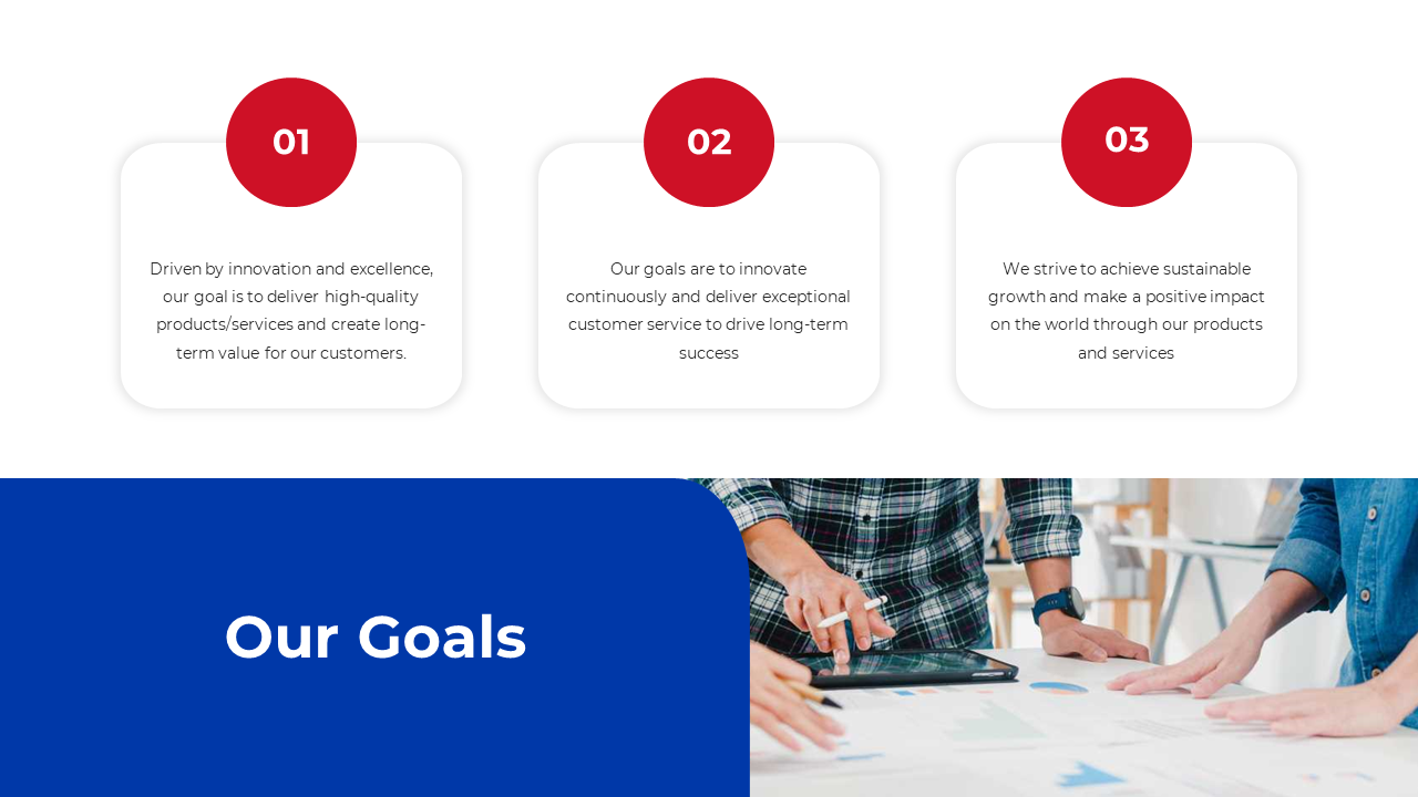 Business goals are displayed with team members working together on a white and blue backdrop with three text sections.