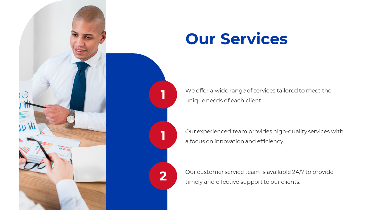 Professional working team discussing and presenting services on a white and blue backdrop with text descriptions.