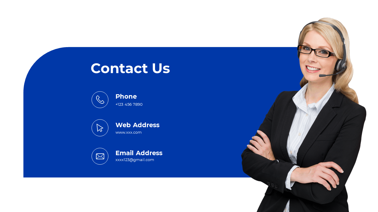 Contact us slide featuring a customer service representative with a headset with contact information on white and blue theme.