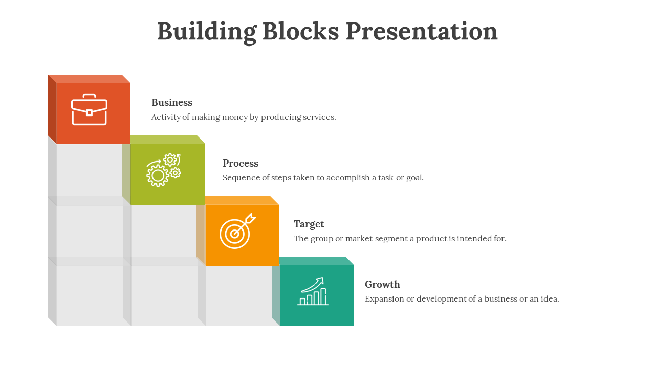 Colorful building blocks diagram illustrating stages of business development with icons and descriptions on a white theme.