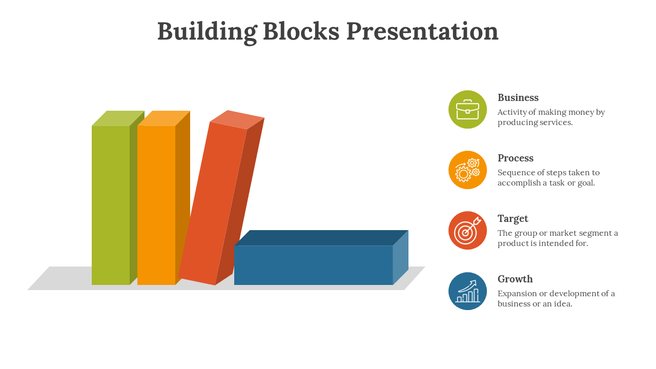 Building blocks diagram with four stages each represented by colored blocks with corresponding icons on a white backdrop.