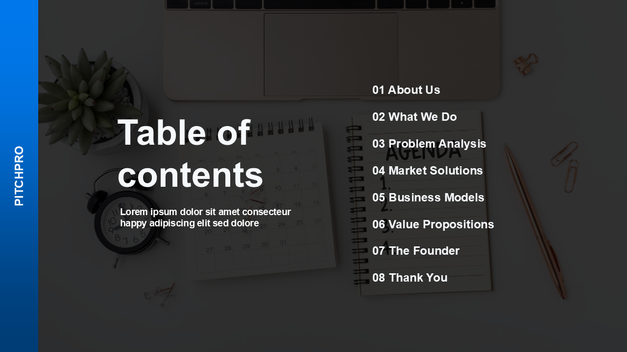 Table of contents slide with blue sidebar, bold heading, and eight numbered sections listed over a blurred workspace image.