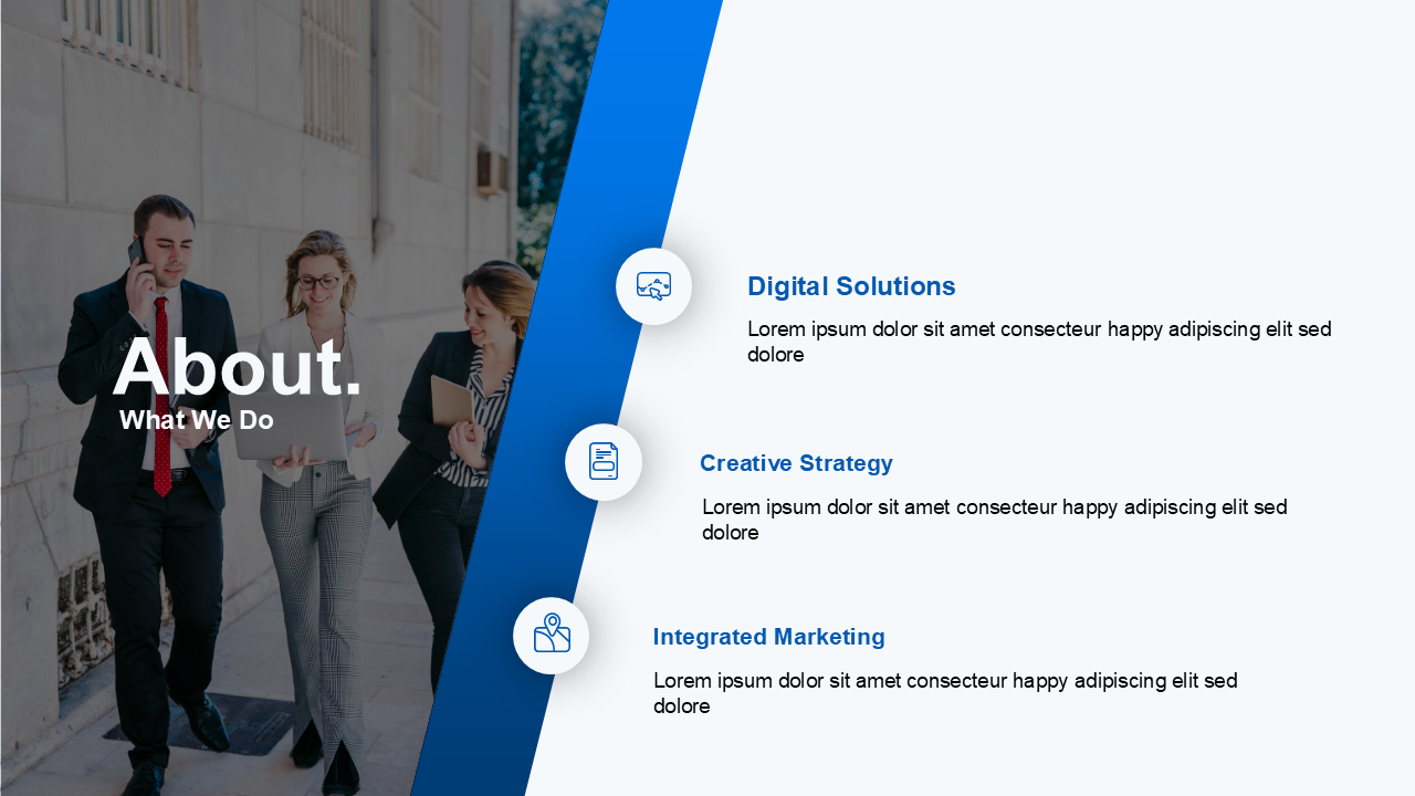 White and blue slide featuring three business services with icons and an image of coworkers walking on the left.