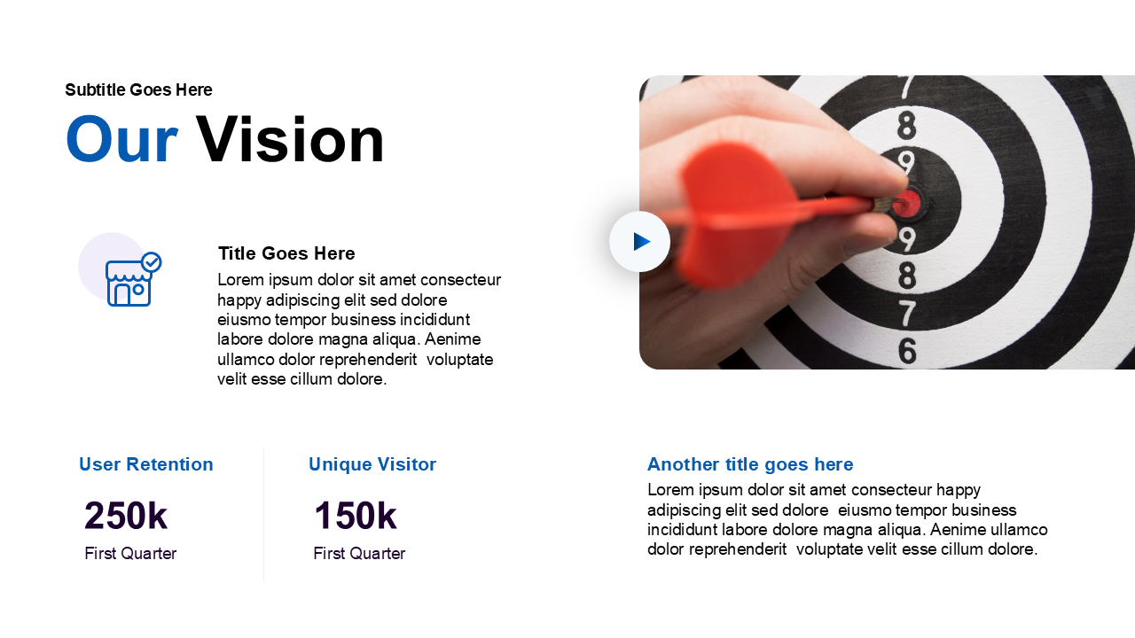 Vision slide showing a hand aiming at a target with supporting business metrics and icon based descriptions on the left.