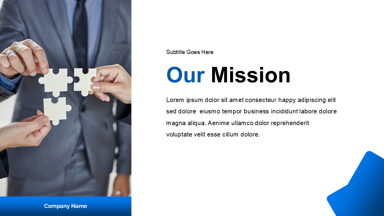 Mission slide with three hands assembling puzzle pieces on left, with text on clean white background.