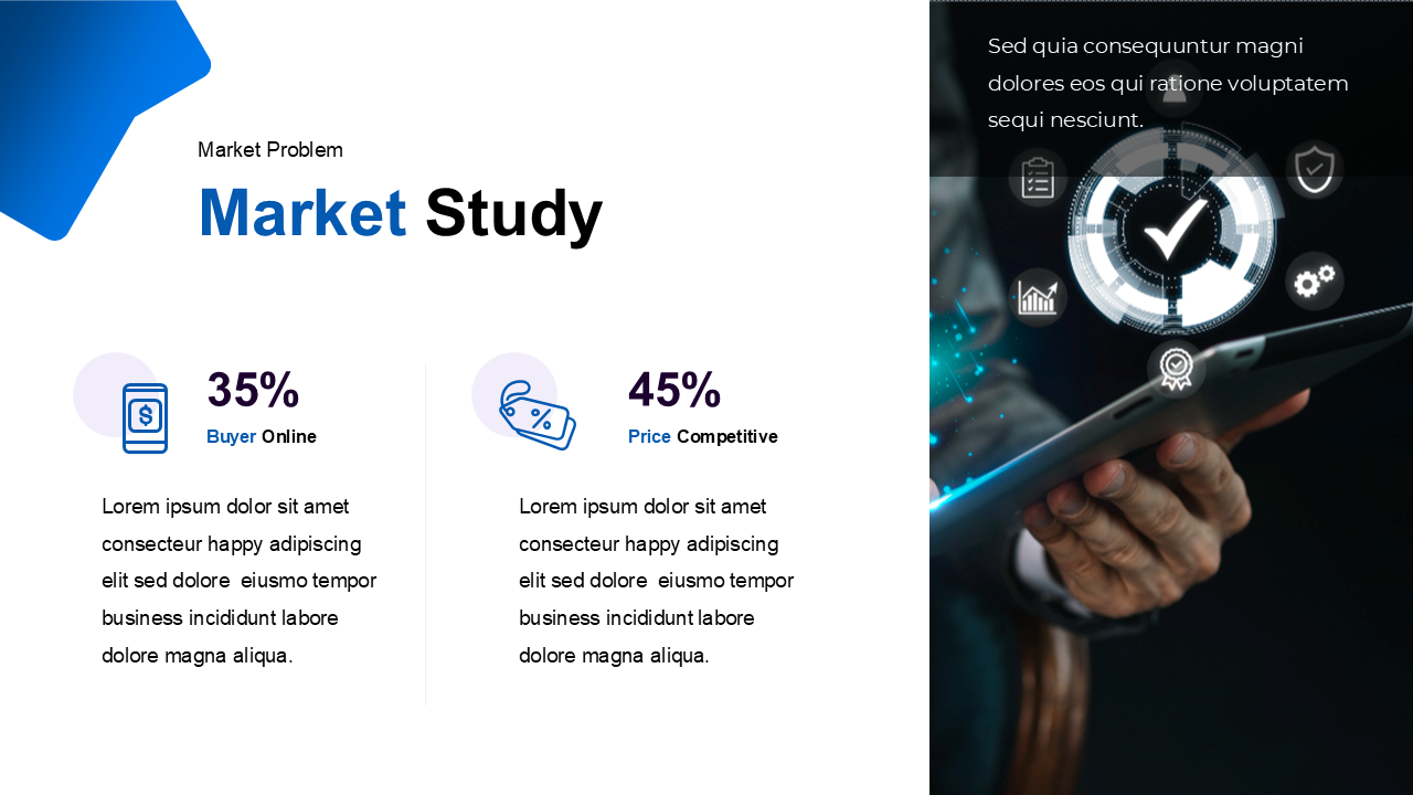 Split slide showing market stats on left and a hand using tablet with digital icons and checkmark on right.