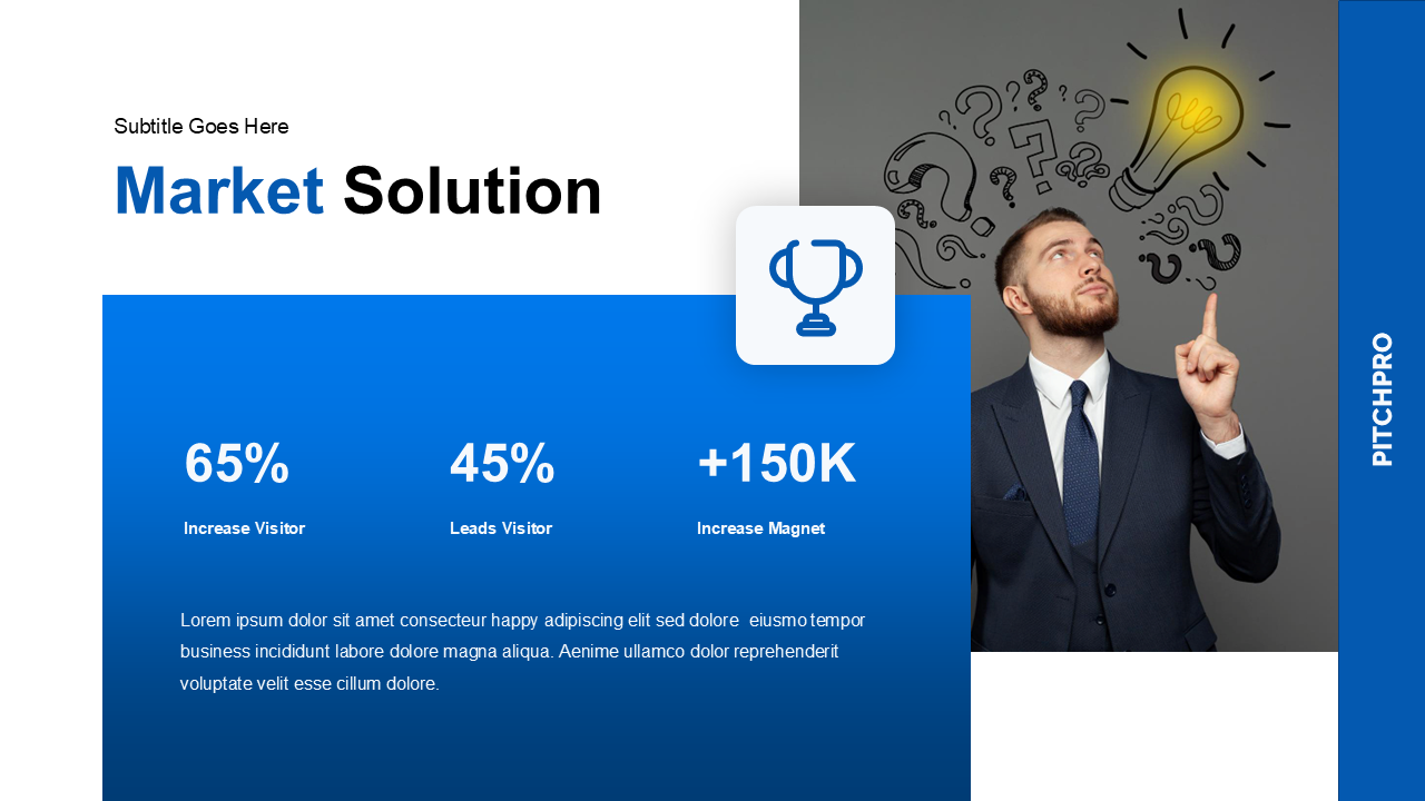 Market solution slide with blue metric block on left and man pointing to lightbulb sketch on right under title.