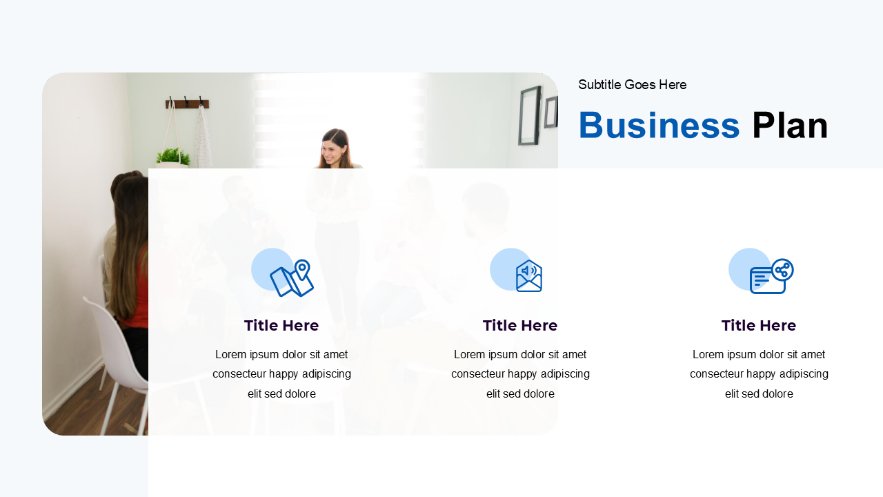 Slide layout featuring team meeting image on left and three blue business icons with descriptions beneath a bold title.