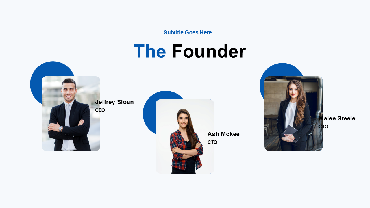 Slide with three founder photos, each framed with blue semi circles and names with titles below bold header.
