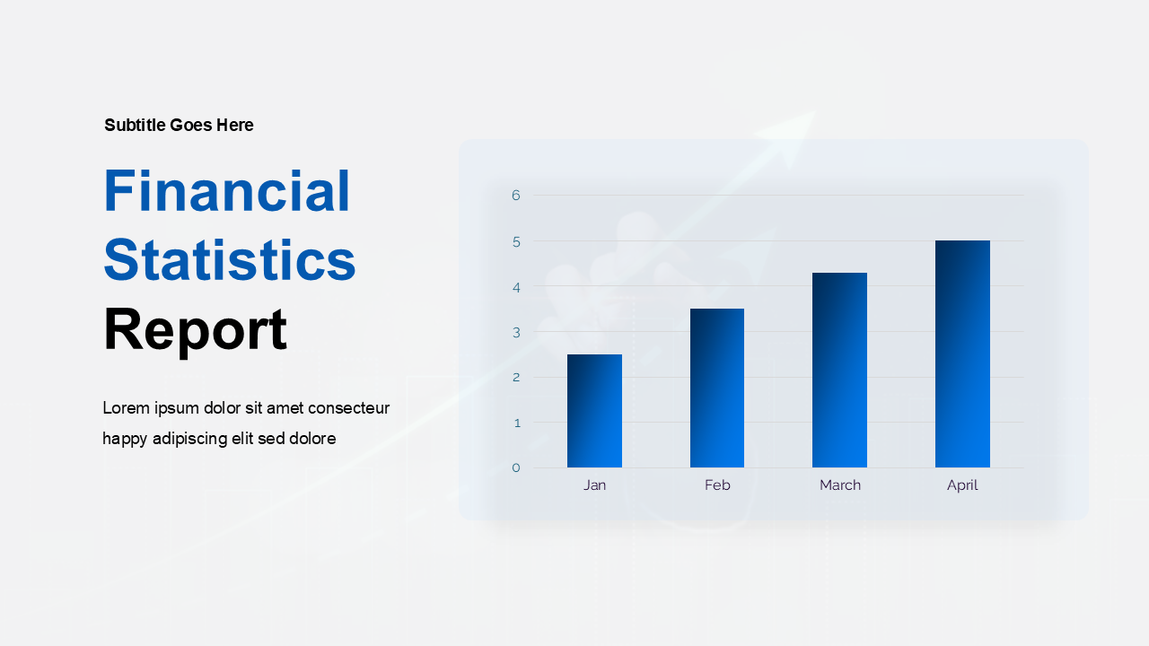 Slide showing financial stats with gradient blue bars and monthly labels, paired with bold heading on the left.