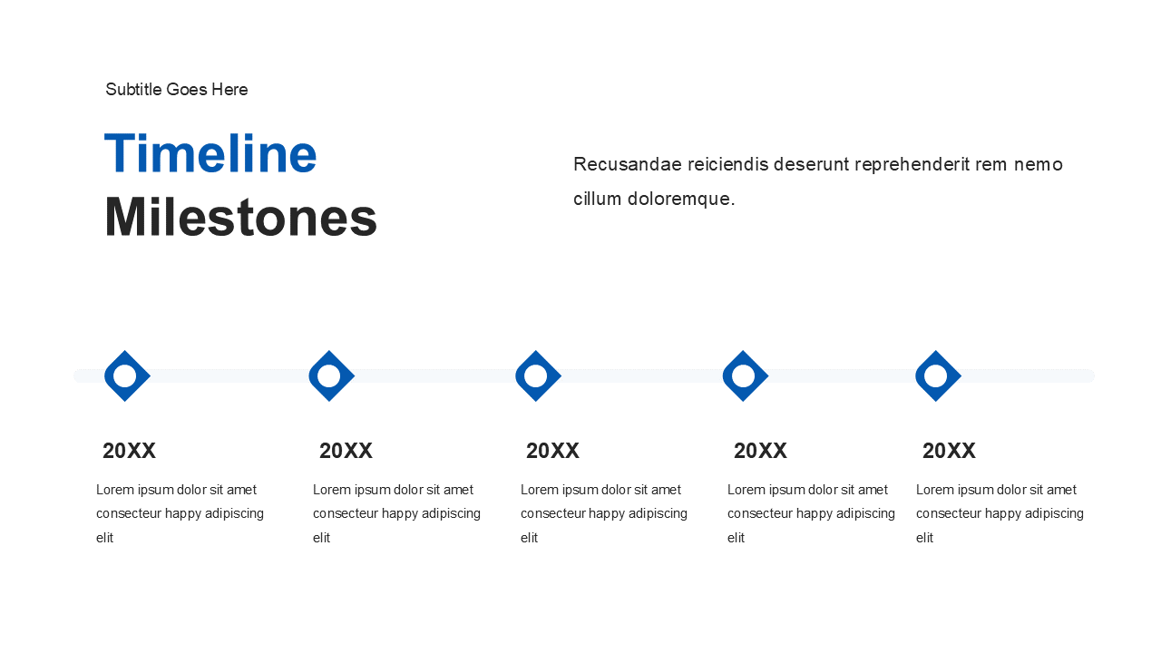 Horizontal timeline with five blue diamond markers, text below each, and a bold title on a clean white background.