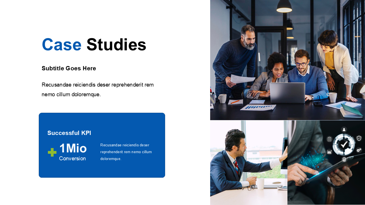 Case study slide featuring bold heading, blue text box, and three images of business meeting, and tech interface.