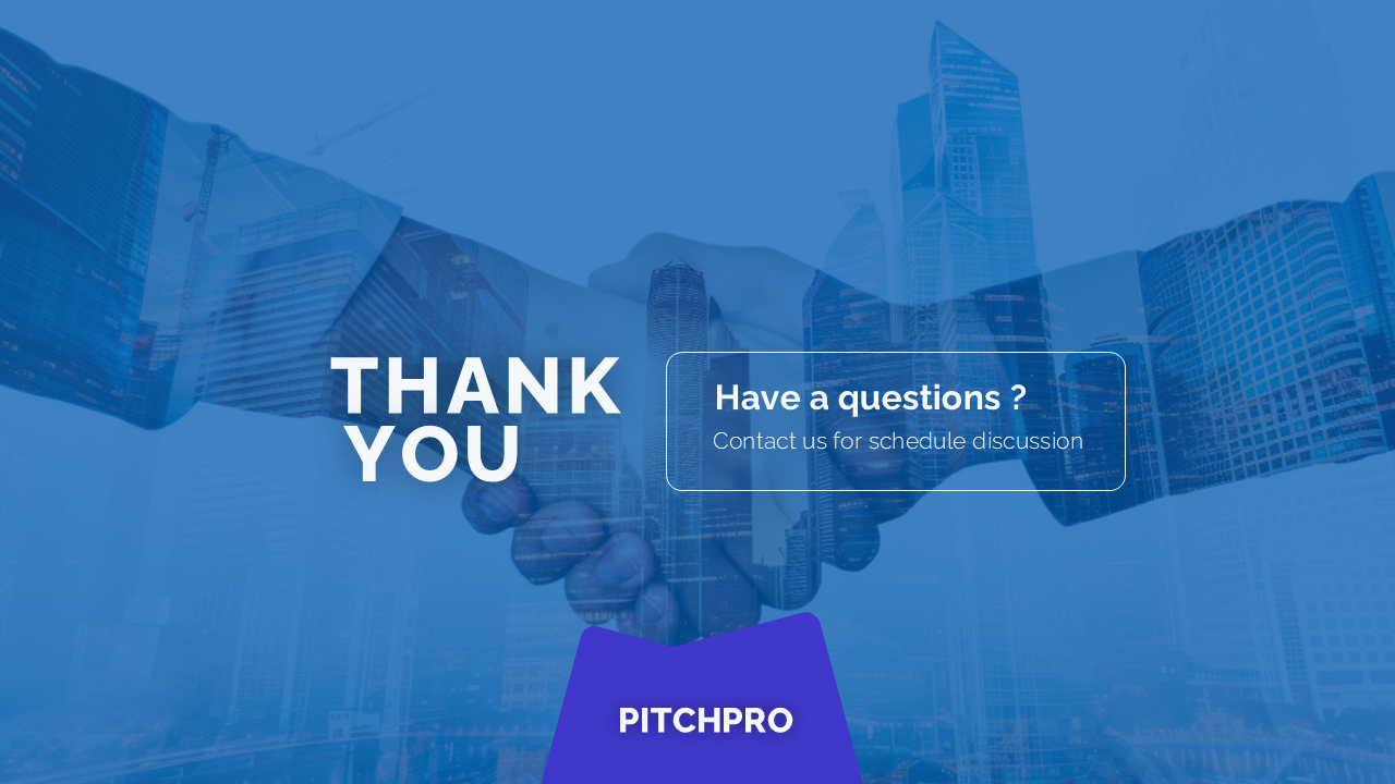 Blue toned slide with cityscape and handshake overlay, bold white thank you text, and a contact prompt in a rounded box.