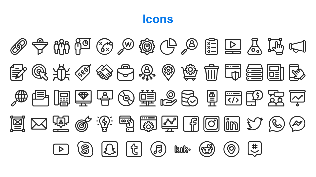 Icon set slide featuring five rows of evenly spaced black outlined icons under a blue title.