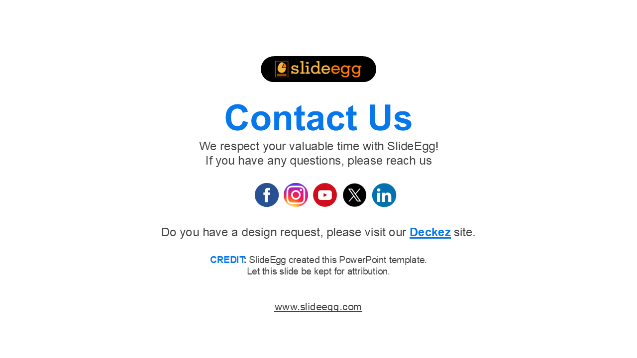 Thank you slide with top logo, blue heading, and row of colorful circular social icons beneath.