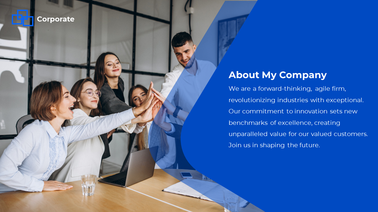A team of professionals high fiving in an office, with a blue corporate slide to the right displaying the company's mission.