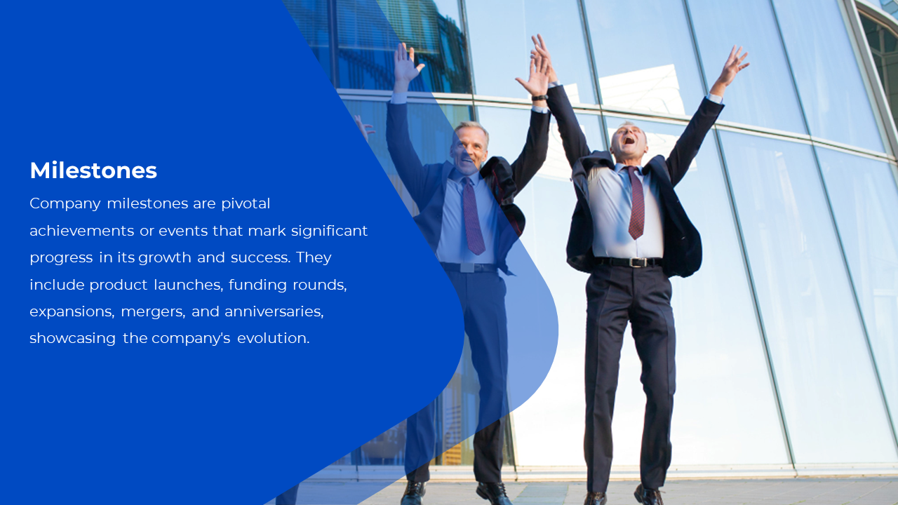Business team celebrating a milestone achievement displays joy and success in front of glass office building on a blue theme.