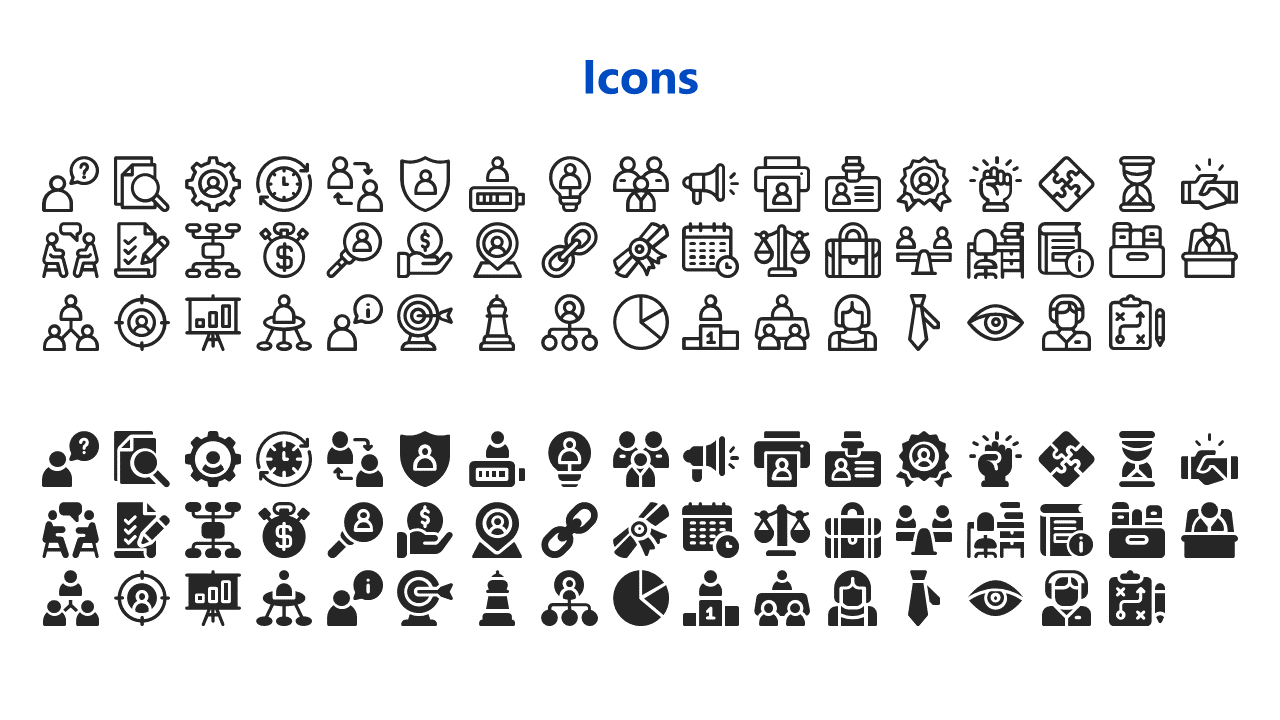 A variety of icons representing business, analytics, and professional tools in black and white on a white backdrop.