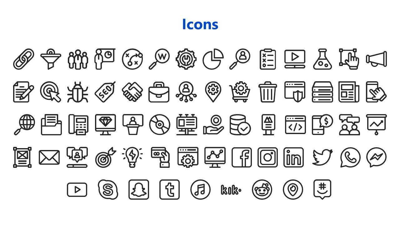 A variety of icons related to business operations, communication, and social media in a simple black and white design.