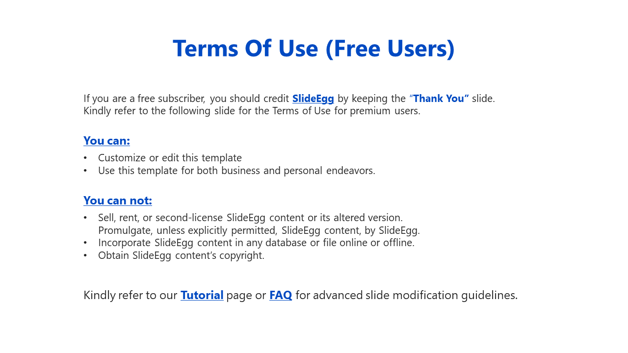 A slide detailing terms of use for free users, including instructions on crediting SlideEgg and restrictions on content use.
