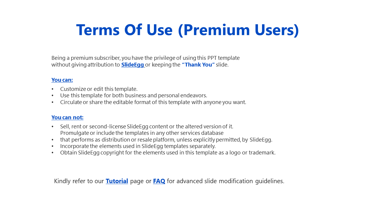 A slide detailing terms of use for premium users, including permission to use, customize, and share the template.
