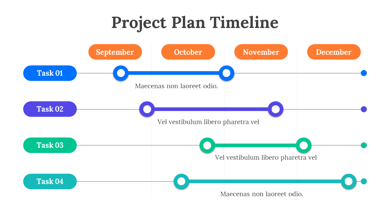 Timeline chart with blue, purple, green, and teal horizontal bars and round markers aligned with orange month headers.
