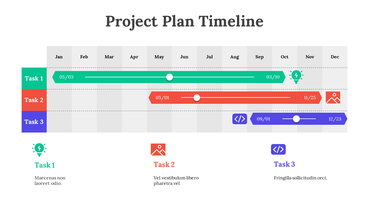Grid style timeline with green, red, and blue horizontal bars, tracking task durations across a twelve month calendar.