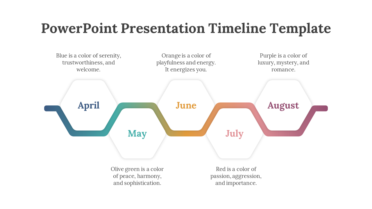 Zigzag timeline featuring five hexagons labeled with months, connected by a gradient line transitioning from blue to purple.