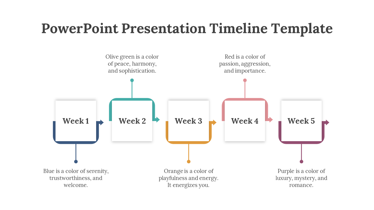 Timeline design featuring square boxes with curved arrow connectors in blue, teal, yellow, red, and purple.