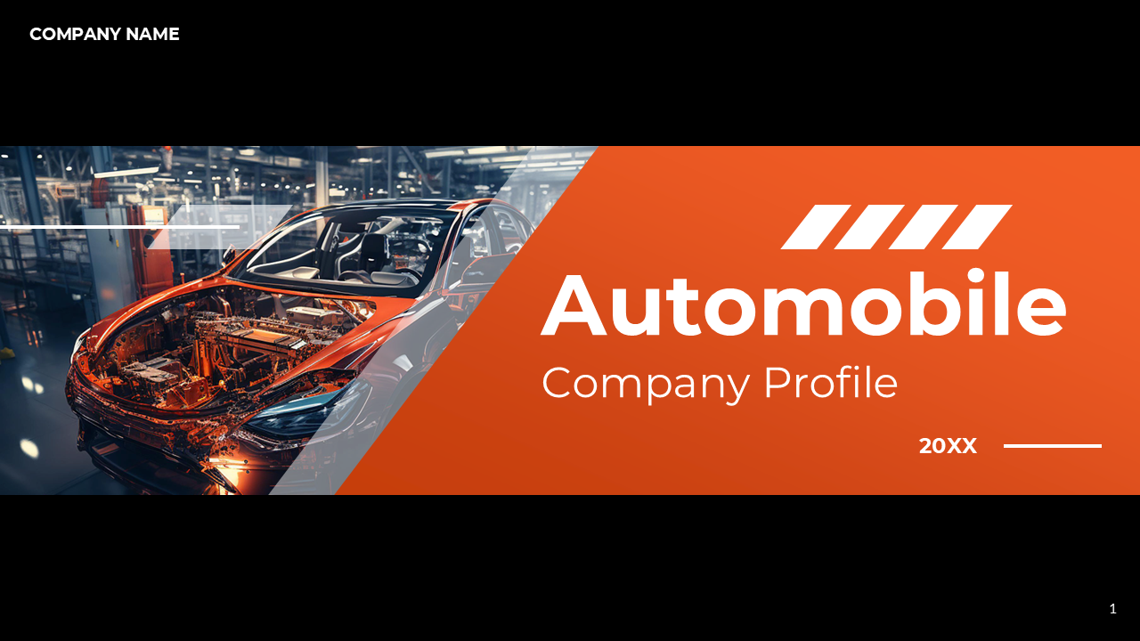 Automobile company slide featuring an image of a car under assembly in a factory, and an orange banner with text.