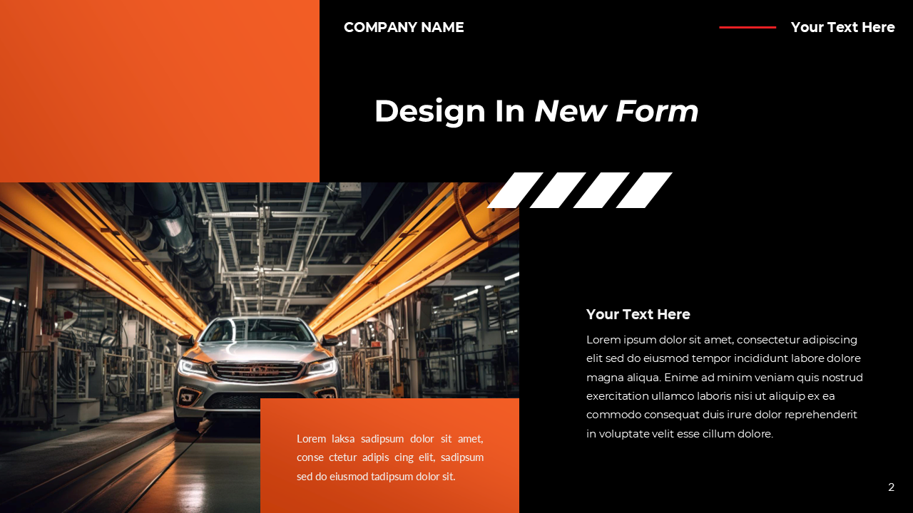 Slide with a bold black and orange design, featuring an image of a silver car on an automotive assembly line.