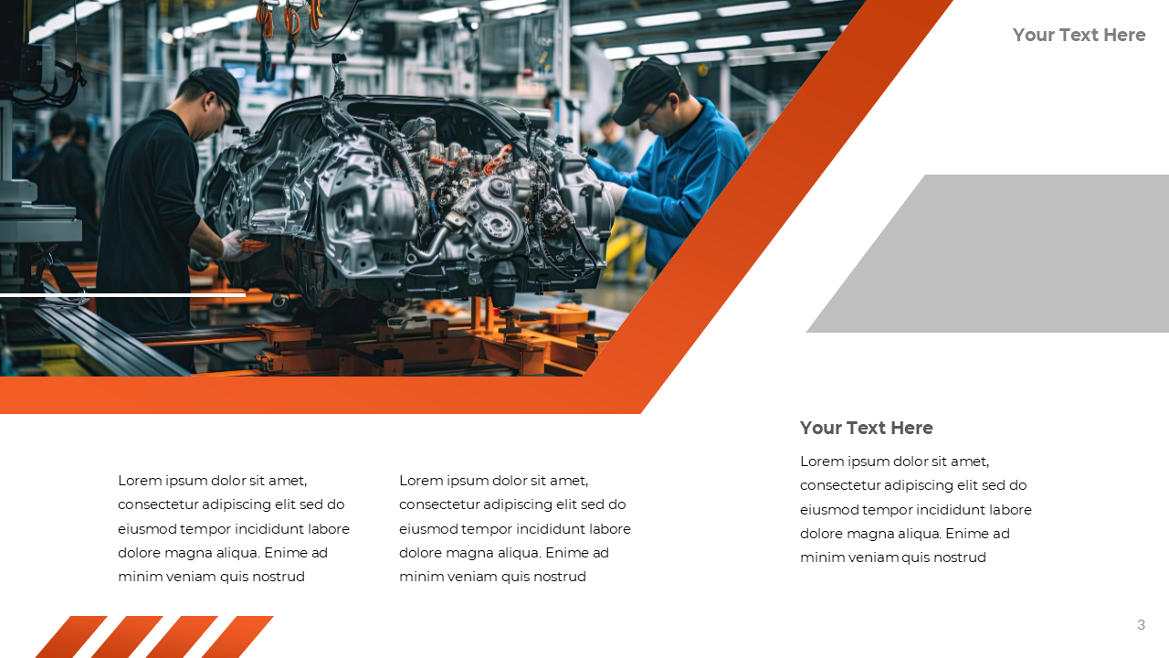 Slide featuring an image of two factory workers assembling a car engine on a production line, with orange geometric accents.