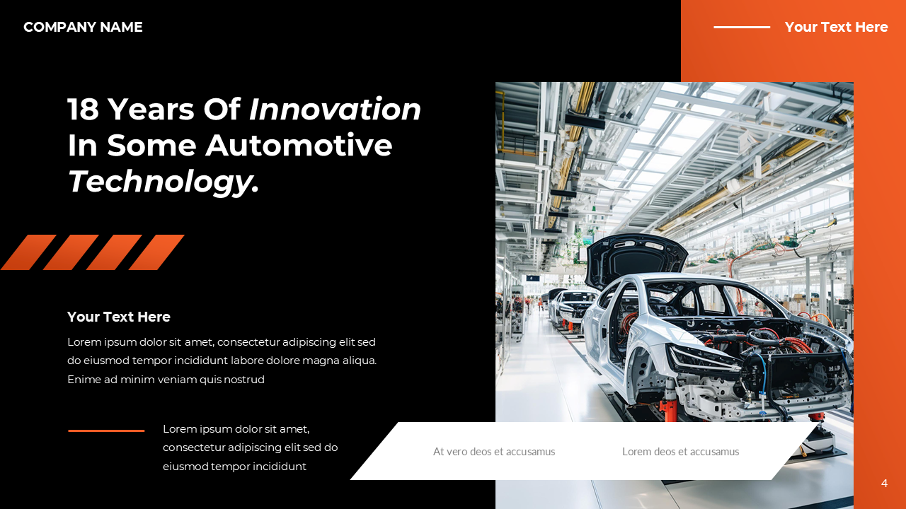 Slide with a black background featuring text and an image showing a vehicle assembly line producing unfinished car bodies.